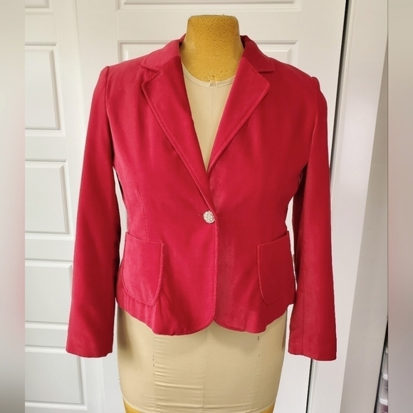BRIGGS NEW YORK CHERRY RED VELVETEEN ONE BUTTON BLAZER WOMEN LARGE FESTIVE FANCY - Picture 1 of 14